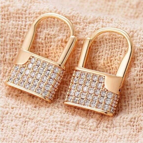 18K Gold Plated Lock Huggie Hoop Earrings - Picture 1 of 7